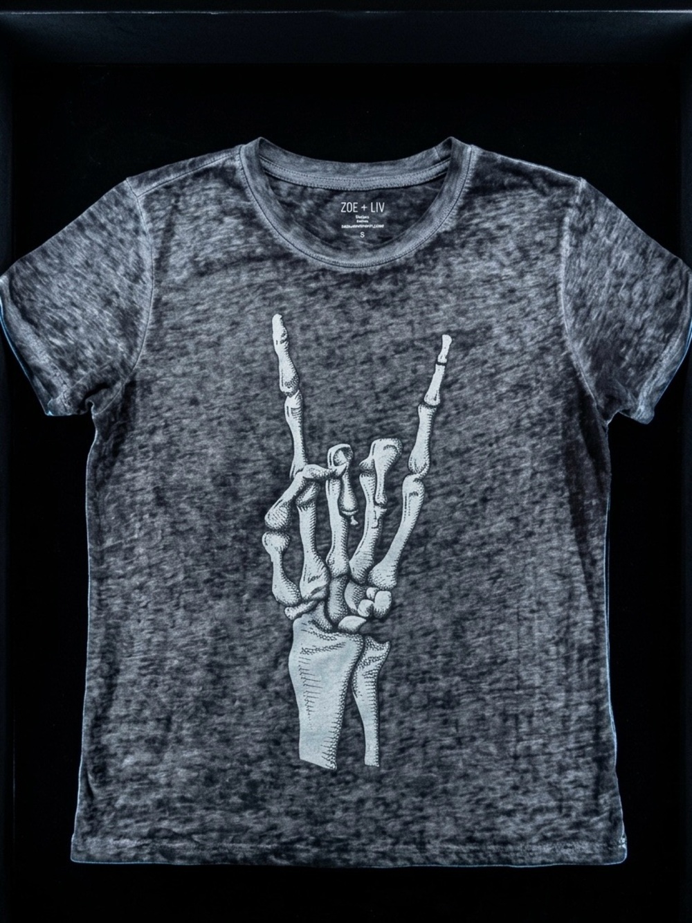 🖤 NWOT Zoe & Liv Mineral Wash Goth Skeletal Hand Tee 🎸 Small gorpore